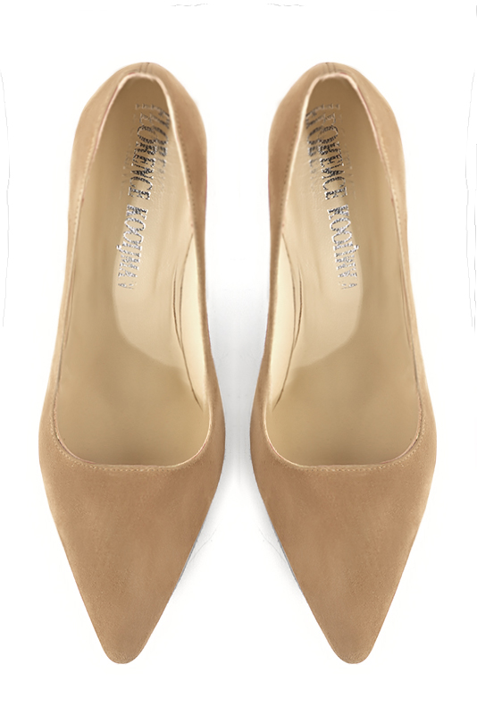 Tan beige women's dress pumps,with a square neckline. Tapered toe. High comma heels. Top view - Florence KOOIJMAN